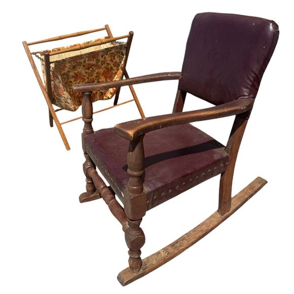 🪑 Antique Child’s Rocking Chair Burgundy Leather & Wood Carved Arms Rivets